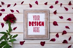 Wooden picture frame mockup with burgundy peony and petals. Product Image 1