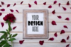 Wooden picture frame mockup with burgundy peony and petals. Product Image 2