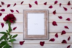 Wooden picture frame mockup with burgundy peony and petals. Product Image 3