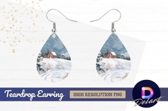 Snowy winter farmhouse scene full moon Teardrop Earring PNG Product Image 1