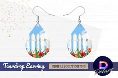 Watercolor flowers white fence blue Teardrop Earring PNG Product Image 1