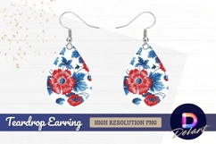 Red and blue floral pattern on white Teardrop Earring PNG Product Image 1
