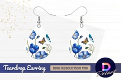 Blue flowers and butterfly watercolor Teardrop Earring PNG Product Image 1