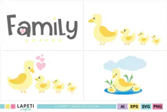 Duck family digital illustrations in cheerful yellow and pastel colors