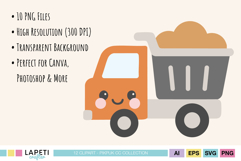 Pastel kawaii dump truck illustration with cute face, ideal for kids construction party and printable crafts.