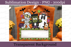 Cute customizable Halloween name plate featuring a mummy, Frankenstein monster, ghost wearing a spiderweb cap, candy bat, bats, colorful stars, and a blank sign for adding a personalized name. Perfect for sublimation, classroom décor, Halloween gifts, and
