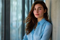 Young confident businesswoman leaning against wall in office Product Image 1