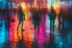Crowd walking on wet sidewalk with colorful reflections at n Product Image 1
