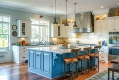 Modern kitchen interior with blue island and white cabinets Product Image 1