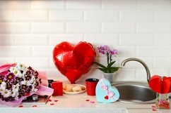 Valentines Day and kitchen interior with flowers, gift box Product Image 1