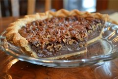 Homemade chocolate pecan pie on glass plate Product Image 1