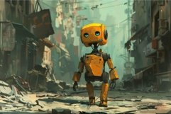 Lonely robot walking through abandoned city street Product Image 1