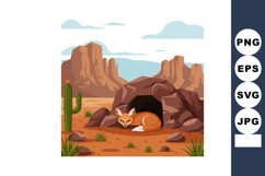 Fox resting outside rocky cave in desert landscape with cact Product Image 1
