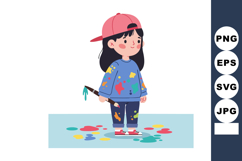 Little girl with paintbrush and colorful paint stains on clo Product Image 1