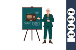 Elderly Woman Giving Presentation with Vintage Radio on Disp Product Image 1