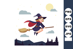 Witch flying on broomstick with red cape and hat over night Product Image 1