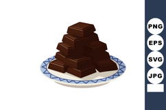 Dark chocolate pieces stacked on white plate with blue patte Product Image 1