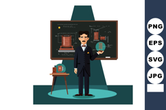 Nikola Tesla holding coil model with schematic blackboard in Product Image 1