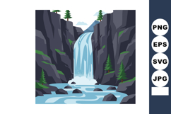 Waterfall flowing between rocky cliffs with green pine trees Product Image 1