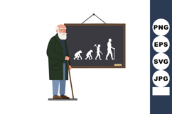 Elderly man standing near evolution chart blackboard with wa Product Image 1