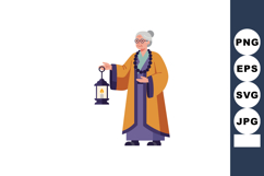 Elderly woman holding lantern in traditional robe vector ill Product Image 1