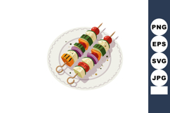 Vegetable kebabs with tomatoes, onion, and zucchini on white Product Image 1