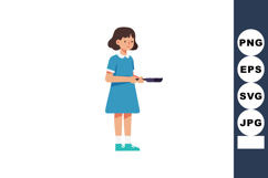Girl Holding Frying Pan Wearing Blue Dress and Sneakers Vect Product Image 1