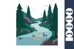 River landscape with ducks swimming among pine trees and roc Product Image 1