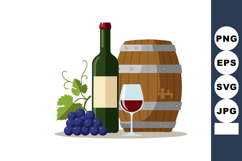 Wine bottle glass grapes and wooden barrel vector illustrati Product Image 1
