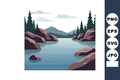 Rocky Lake Landscape with Pine Trees and Mountains Vector Il Product Image 1