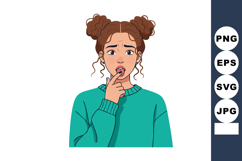 Young woman with worried expression biting fingernail in tea Product Image 1