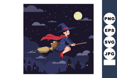 Witch flying on broomstick over village with full moon and n Product Image 1