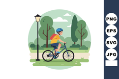 Boy riding bicycle with helmet and backpack in green park la Product Image 1