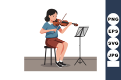 Young woman playing violin sitting on stool with music stand Product Image 1