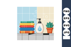 Bathroom shelf with colorful towels soap dispenser and potte Product Image 1
