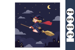 Witch flying on broomstick in night sky with crescent moon a Product Image 1