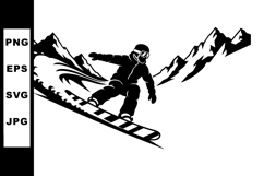 Snowboarder carving on slope with mountain background in bla Product Image 1