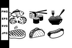 Seafood sushi noodles steak taco hotdog food icons vector il Product Image 1