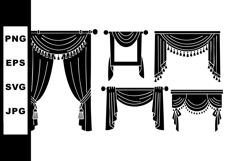 Elegant black window curtains with tassels and drapes vector Product Image 1