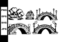 Black and white vector set of trees house and decorative bri Product Image 1