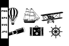 Vintage travel icons hot air balloon sailing ship biplane te Product Image 1