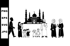 Muslim Family Walking Near Mosque Silhouette Vector Illustra Product Image 1