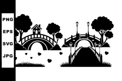 Silhouette garden bridge with trees lamp posts and hearts ve Product Image 1