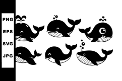 Cute cartoon whales collection in black and white vector ill Product Image 1