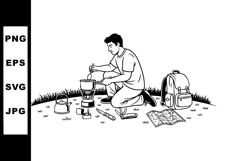 Man Cooking Outdoor Camping Meal with Backpack and Map Vecto Product Image 1