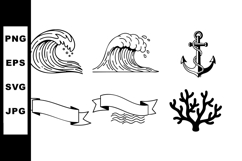 Nautical sea waves anchor coral and ribbon banners black lin Product Image 1