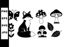Fox butterfly flower mushroom leaves black silhouette vector Product Image 1
