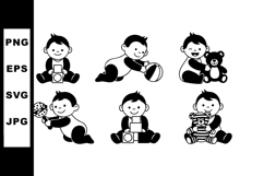 Cute playful baby boys with toys in black and white vector i Product Image 1