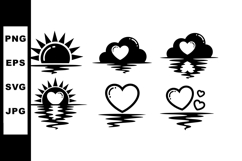 Sun and heart icons with cloud reflections black silhouette Product Image 1