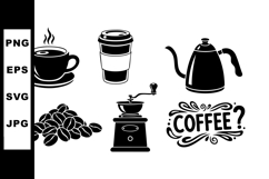 Coffee cup to go, coffee beans, grinder, and kettle black si Product Image 1